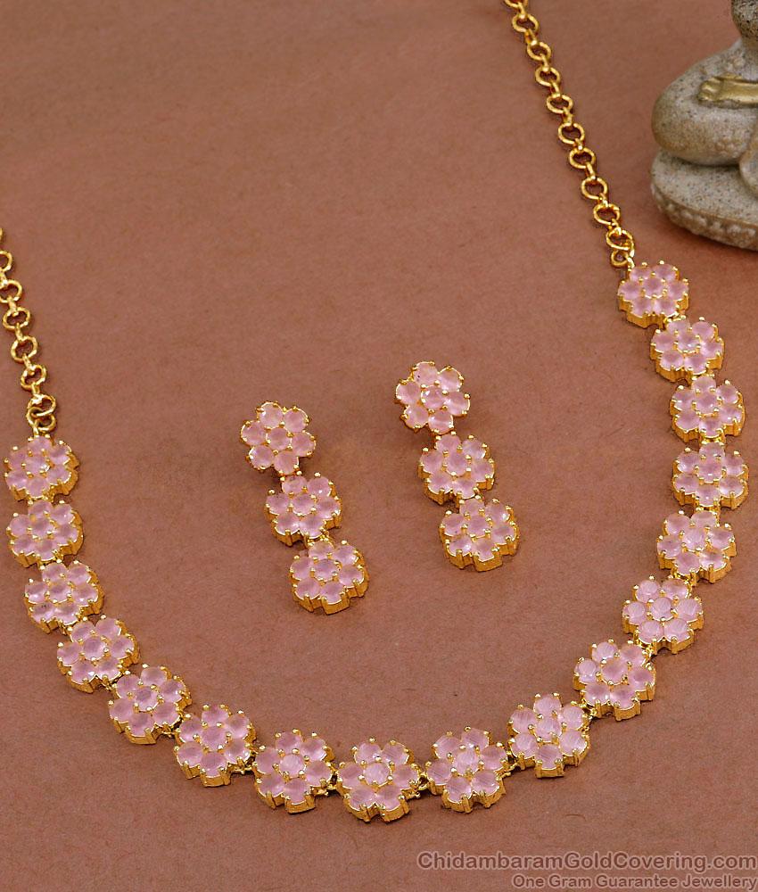 18Kt Gold Pink Stone Necklace Flower Design Shop Online NCKN3654