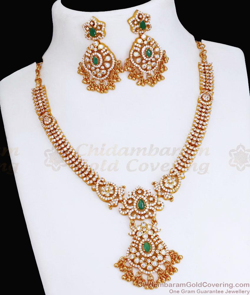 Heavy Gold Plated Green Stone Diamond Necklace Set For Marriage NCKN3658