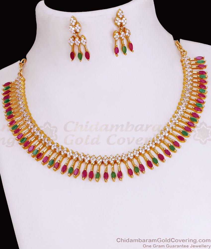 Simple Multi Stone Mullaipoo Gold Necklace With Pin Type Earring NCKN3665