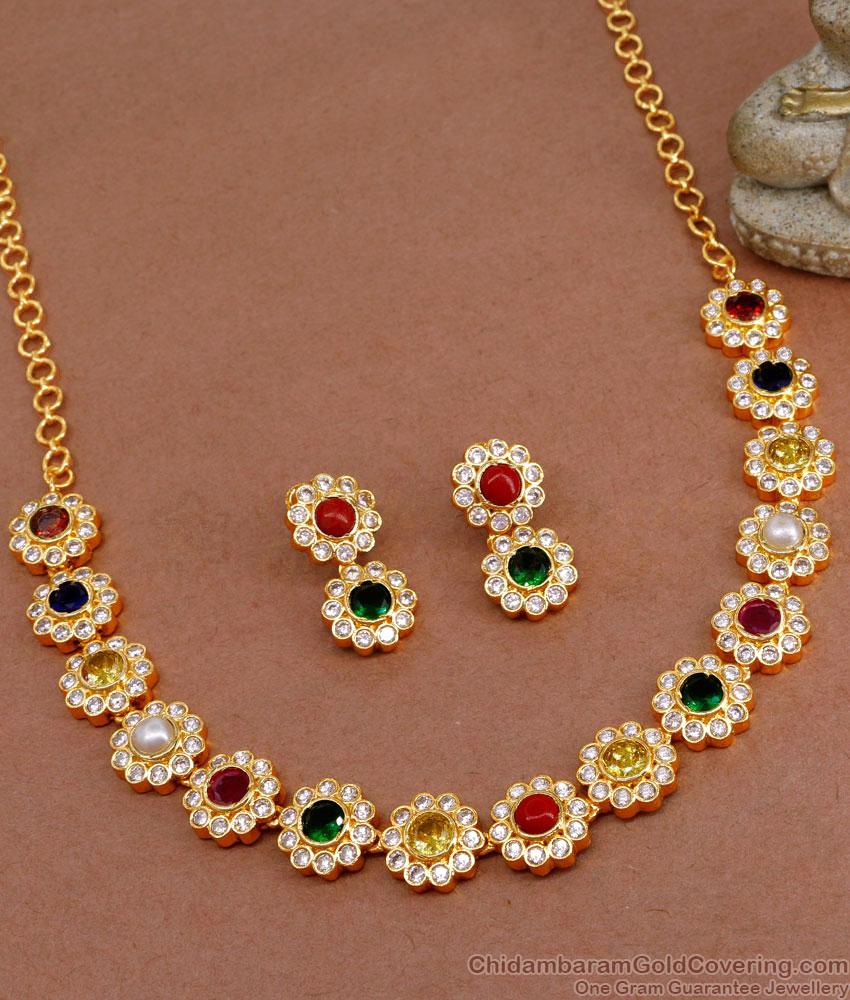 24Kt Gold Plated Navaratna Stone Necklace Floral Design Online NCKN3666