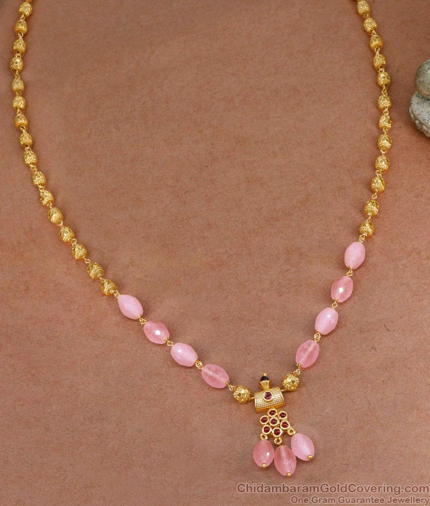 Vintage Baby Pink Stone Golden Beads Necklace Shop Online NCKN3681