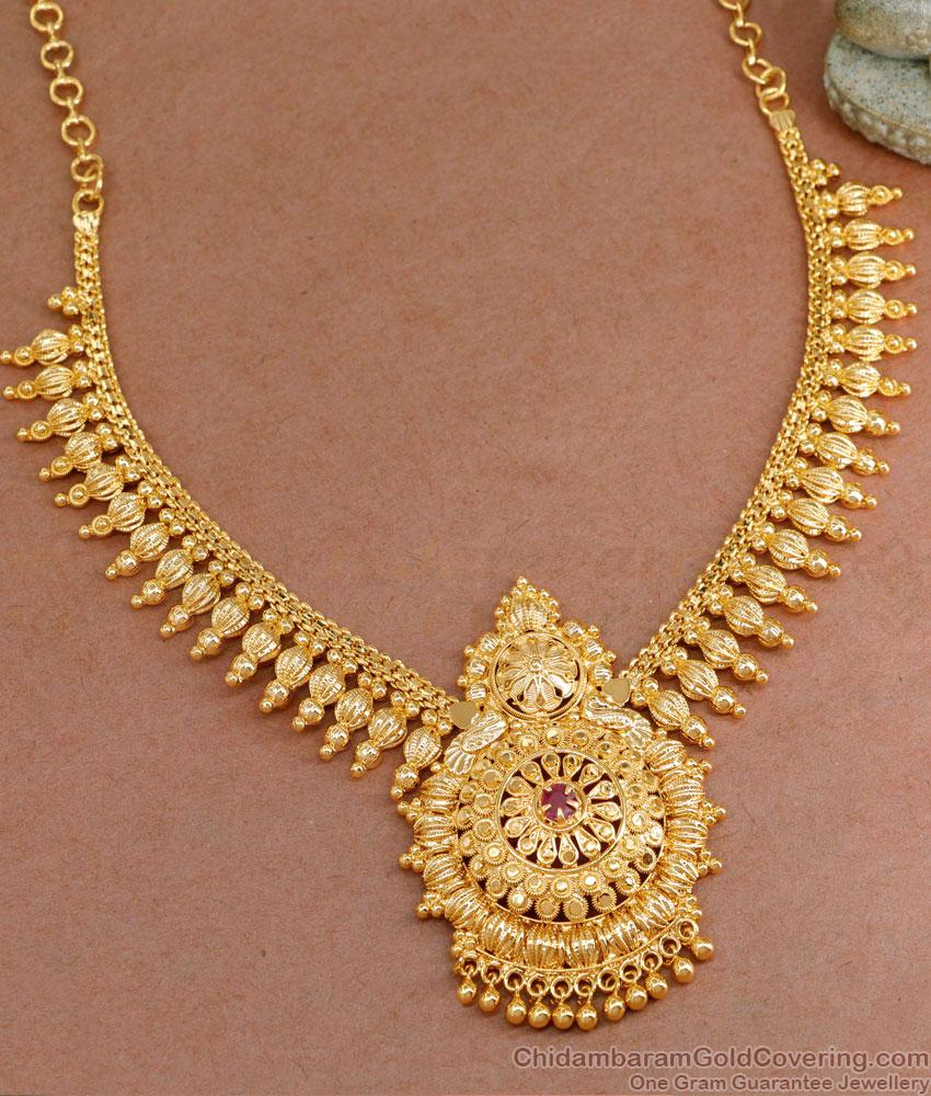 Traditional Mullai Mottu Gold Necklace Design With Ruby Stone NCKN3693