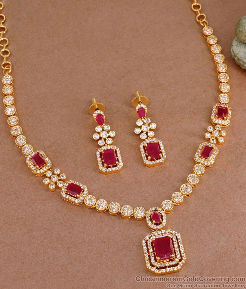 Glittering Ruby White Stone Gold Plated Necklace Set For Brides NCKN3699