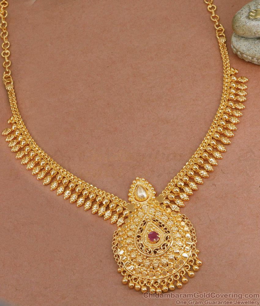 Kerala Wedding Gold Mullaipoo Necklace Design With Ruby Stone NCKN3713