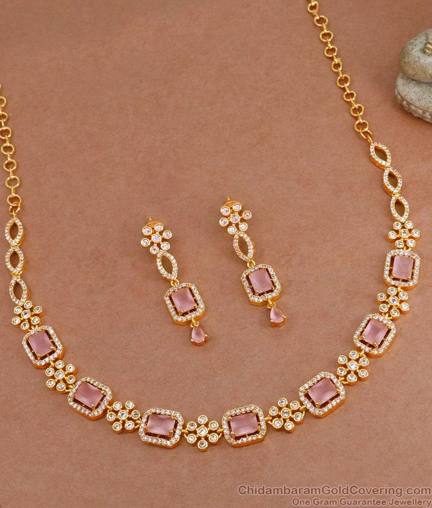 Grand Look Light Pink Stone Artificial Diamond Necklace Gold Bridal Set NCKN3718