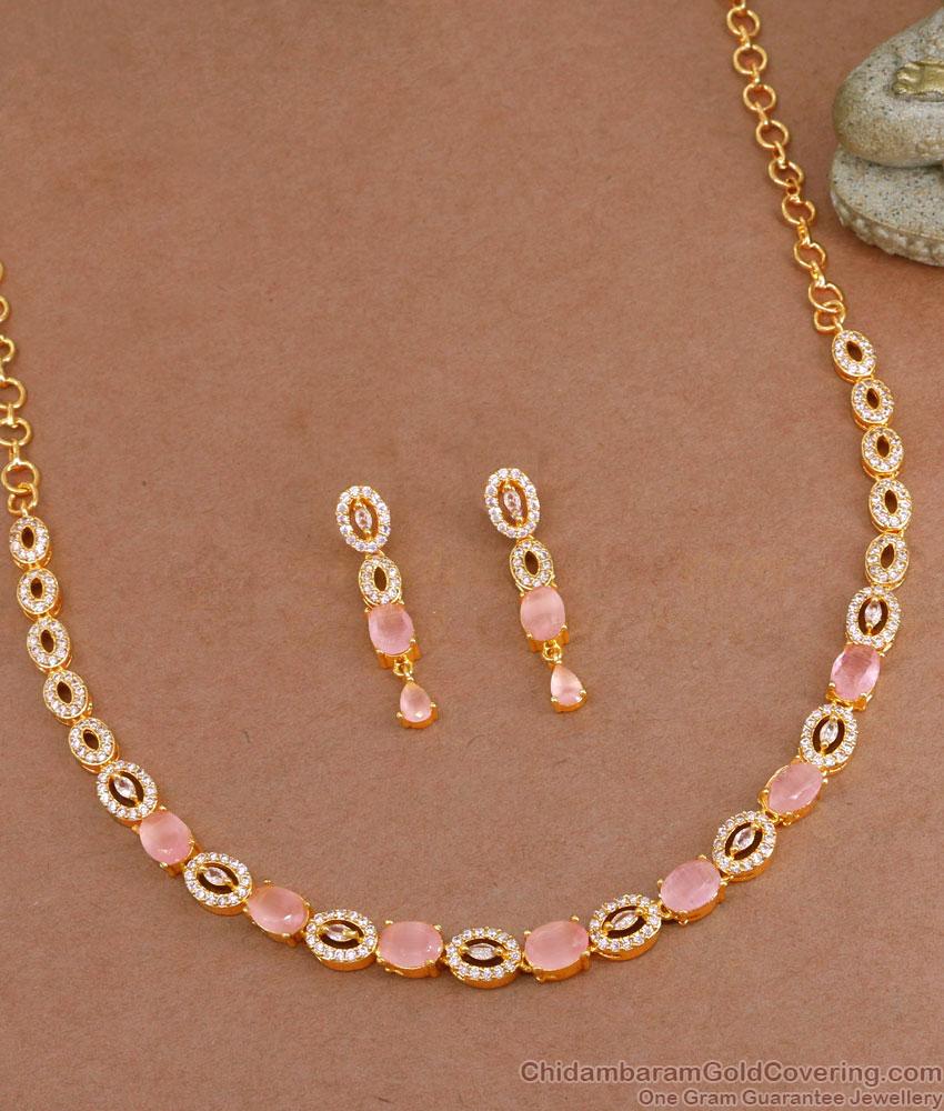 Light Weight Gold Imitation Close Necklace Set Pink Stone Jewelry NCKN3720