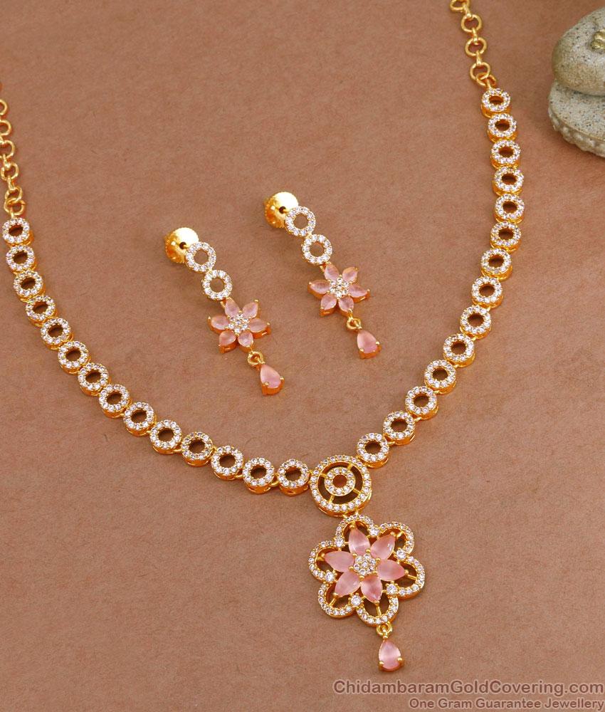 High Quality Gold Imitation Pink Stone Necklace Flower Design NCKN3725