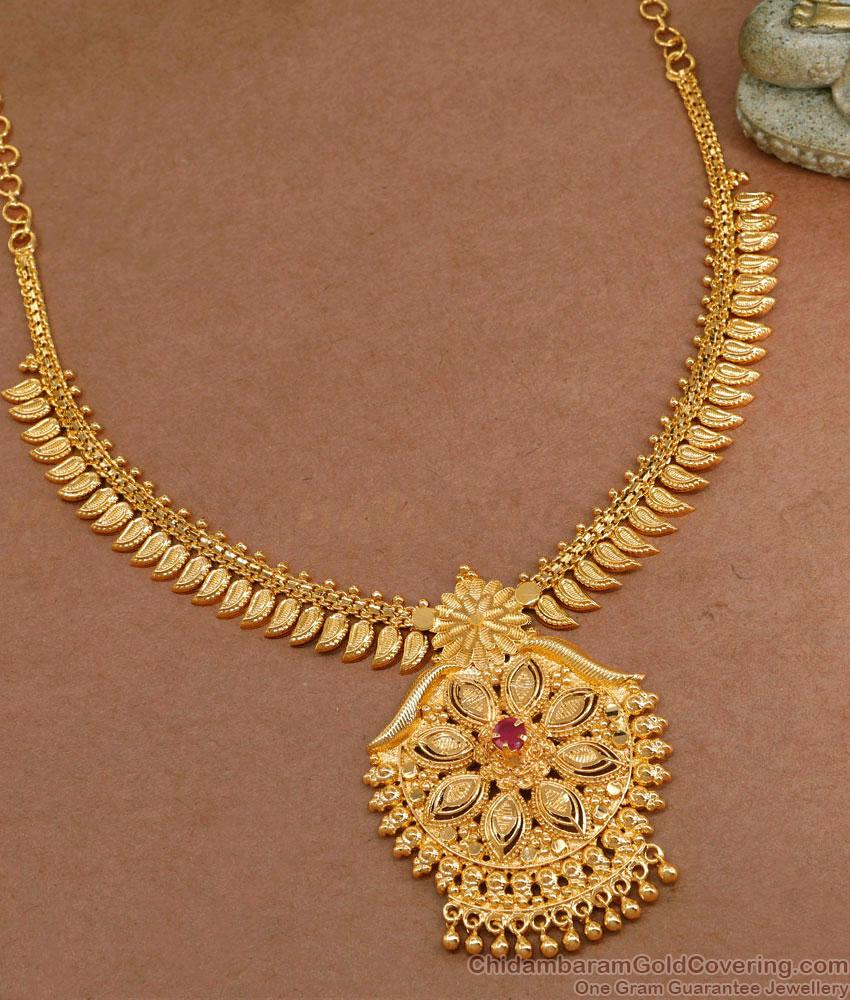 Single Ruby Stone 1 Gram Gold Necklace Leaf Design For Brides NCKN3739