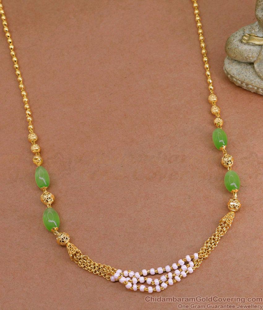 Multi Layered Pearl Chain Gold Necklace With Green Opal Stone NCKN3742