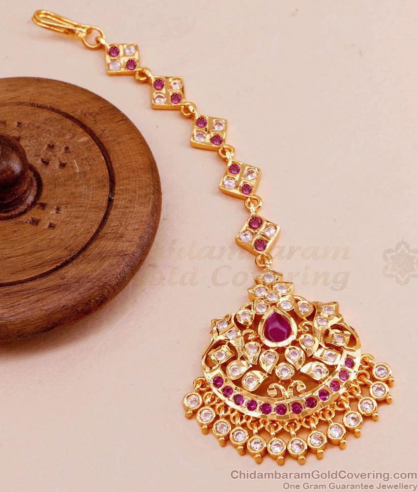 Latest Ruby White Stone Designer Maang Tikka Impon Jewelry NCHT393