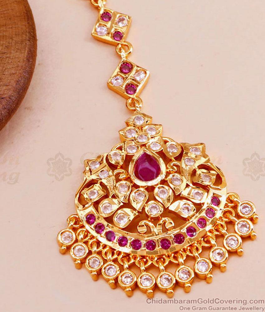 Latest Ruby White Stone Designer Maang Tikka Impon Jewelry NCHT393