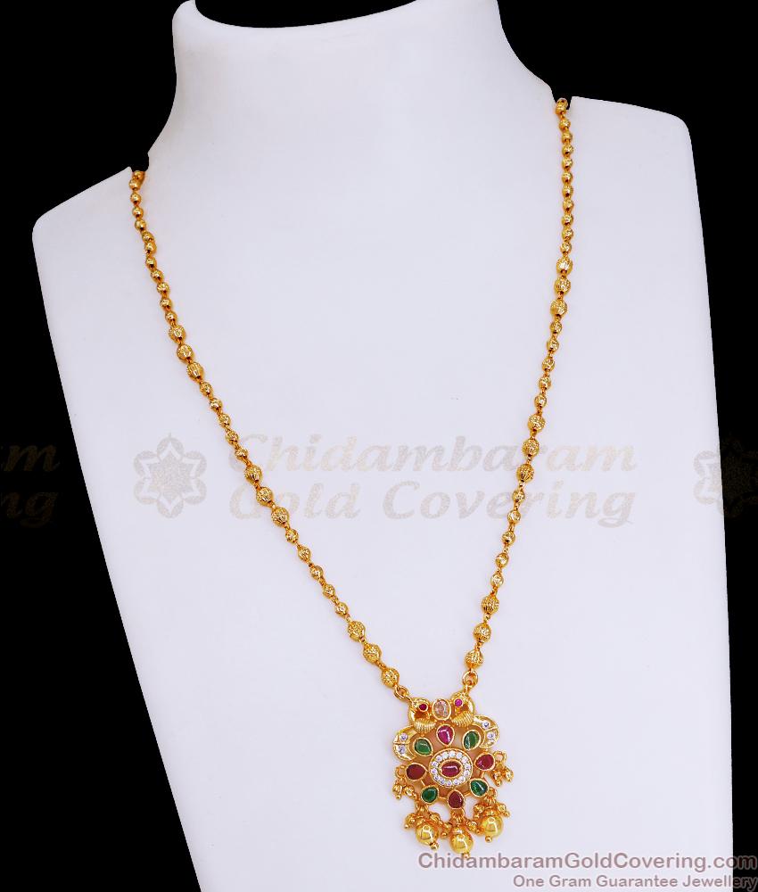 Beautiful Kemp Stone Peacock Pendant With Gold Beads Chain SMDR2313