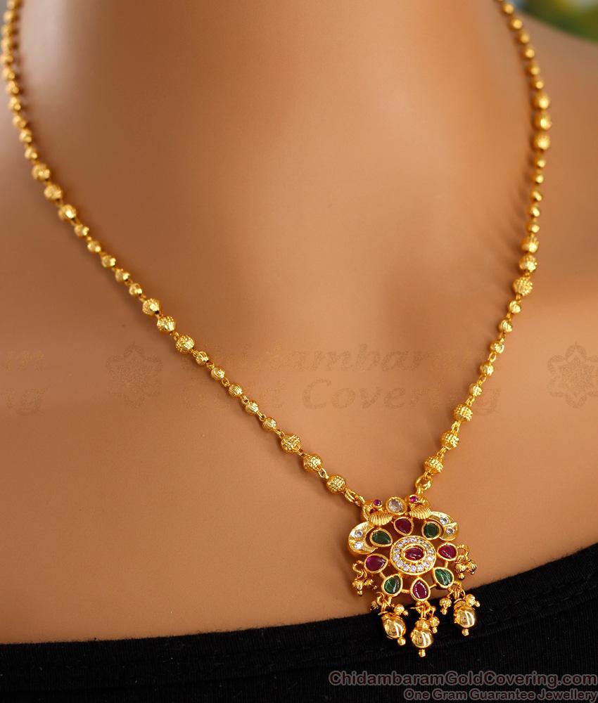 Beautiful Kemp Stone Peacock Pendant With Gold Beads Chain SMDR2313