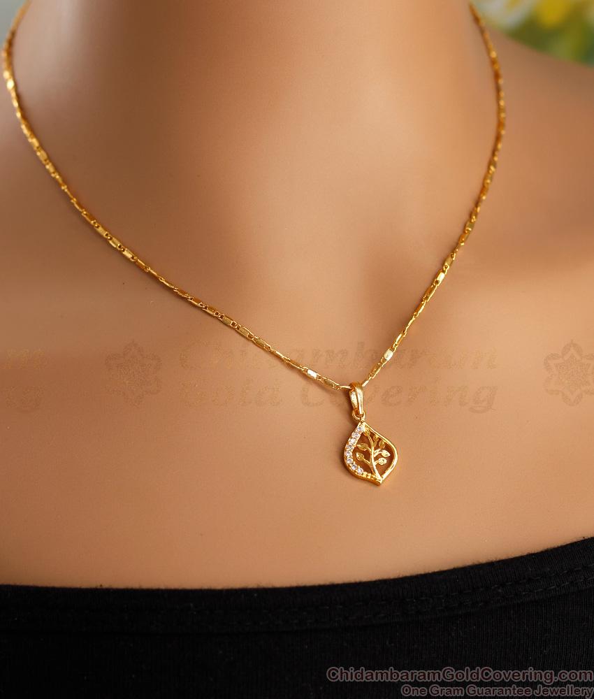 Trendy One Gram Gold Small Pendant Chain Leaf Design With Stones SMDR2337