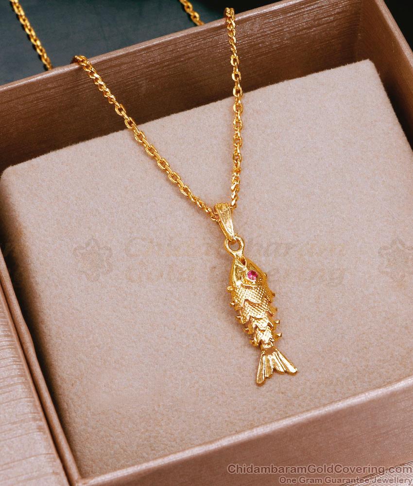 24K Solid Gold Fish Pendant Ruby Stone With Chain SMDR2347