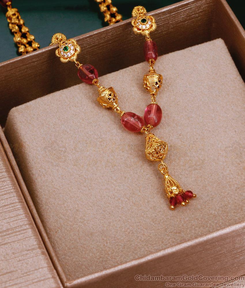 Luxurious 3 Line Gold Necklace Red Opal Stone Design SMDR2359