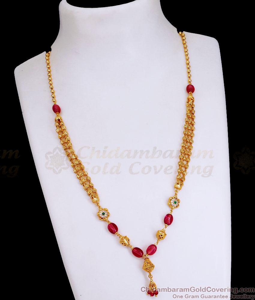 Luxurious 3 Line Gold Necklace Red Opal Stone Design SMDR2359