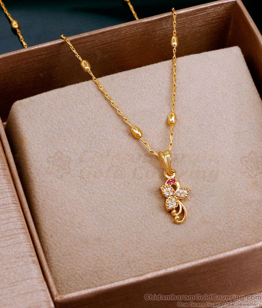 Elegant Ruby White Stone Butterfly Pendant Gold Beads Chain SMDR2453