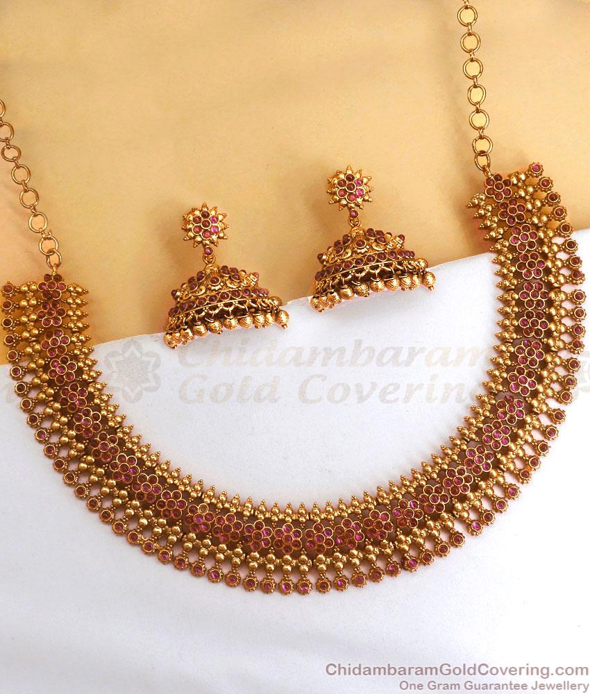 TNL1025 Stylish Full Ruby Necklace Antique Jewelry Jhumki Combo Set