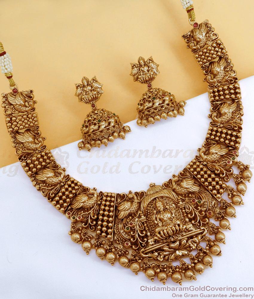 TNL1105 - Antique Temple Jewelry Necklace Set Goddess Lakshmi Design With Jhumkas