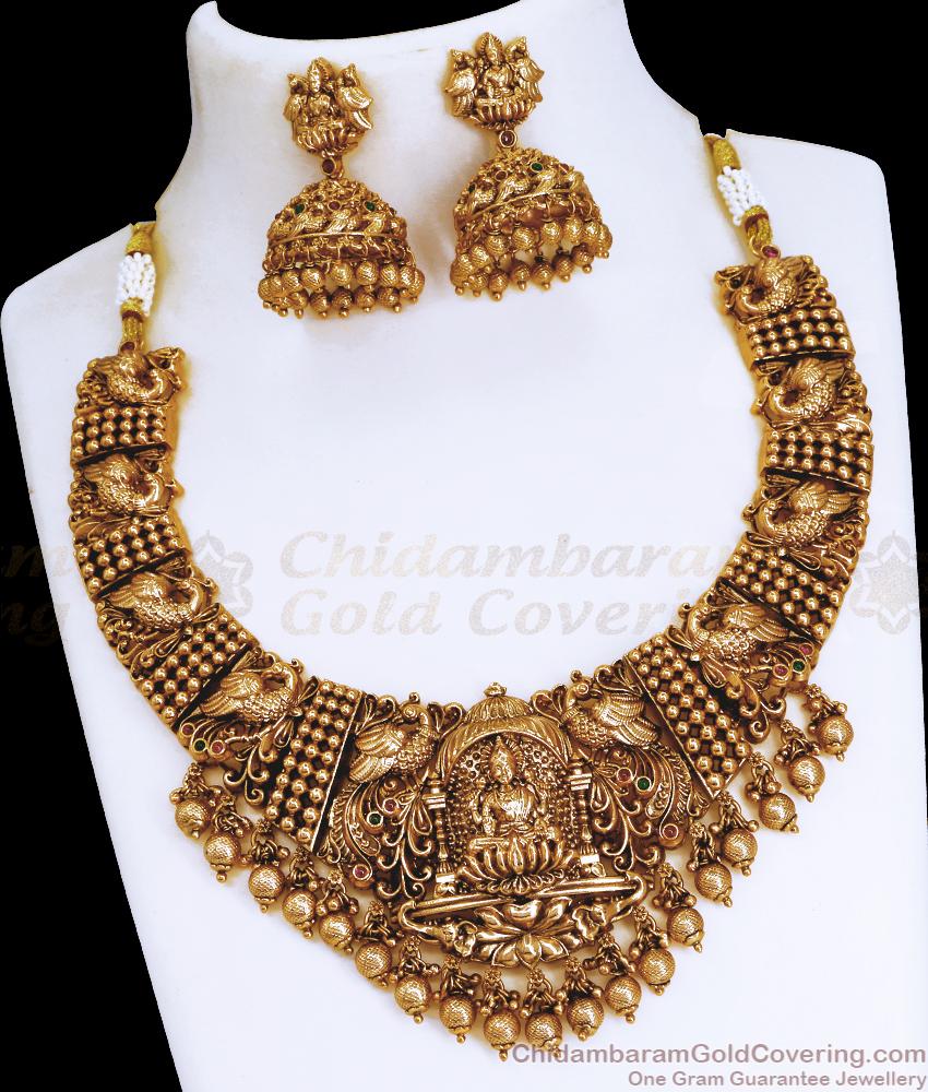 TNL1105 - Antique Temple Jewelry Necklace Set Goddess Lakshmi Design With Jhumkas