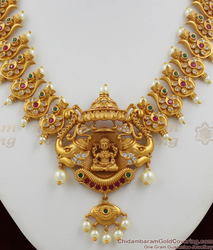 Antique Finish Long Necklace 2024 Set with Gajalakshmi Pendant | Shobitam Jewelry