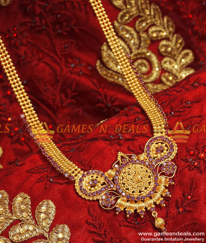 Arrg72 Long Grand Party Wear Traditional Ruby Stone Imitation Haaram