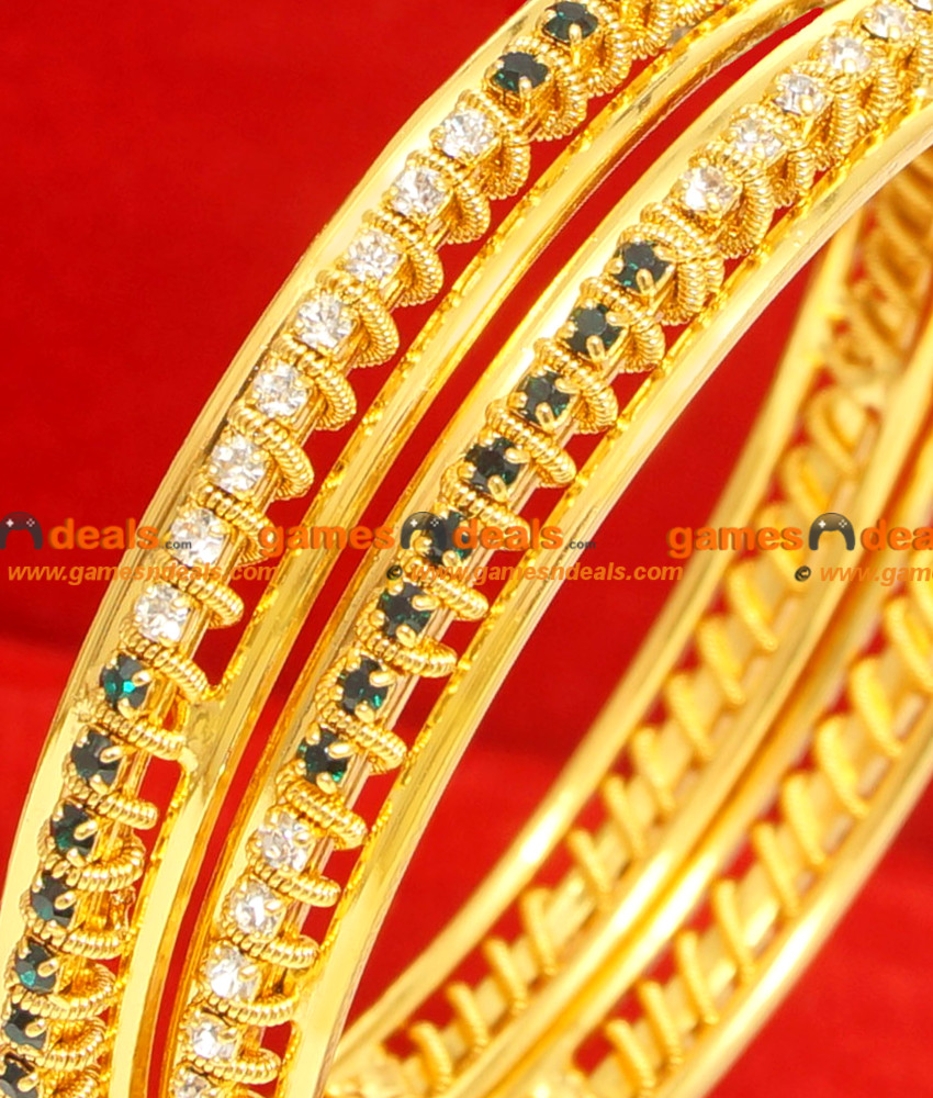 BG062-2.6 Size Gold Plated Imitation Thin Daily Wear White Green Stone Bangle