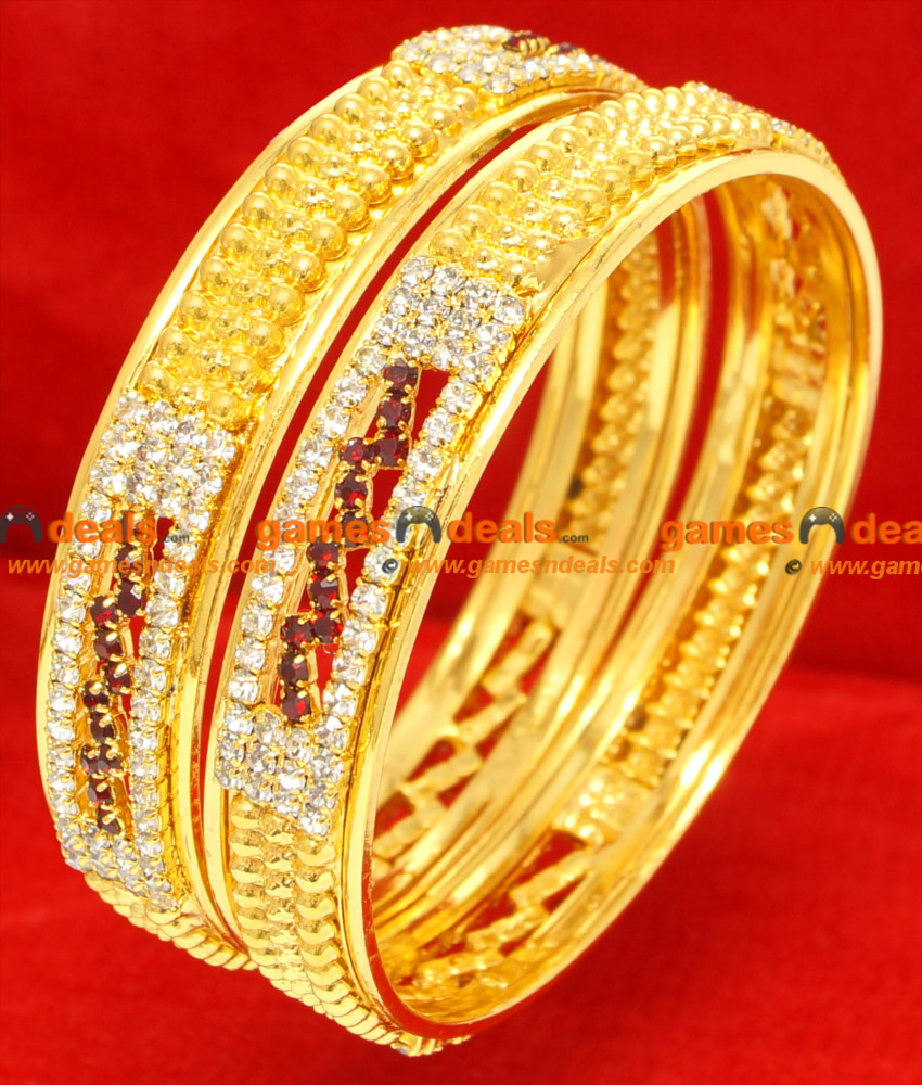 BG063-2.6 Size Gold Plated Imitation Kada Bangle Bridal Wear Red White Stone Bangle