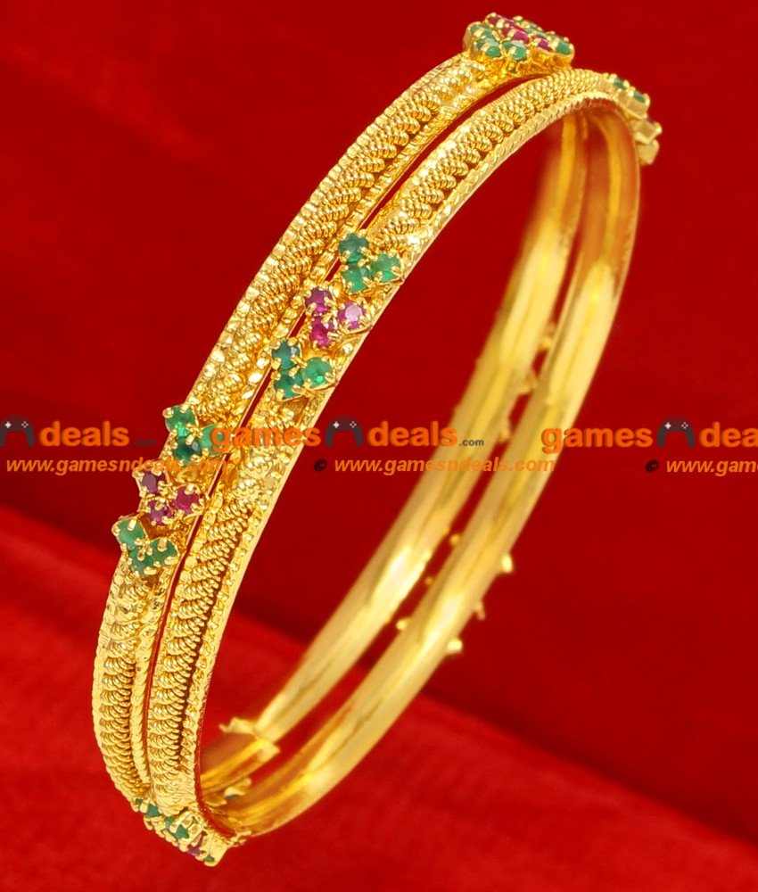 BG070-2.8 Size Gold Plated Imitation Daily Wear Green Pink Stone Thin Bangles