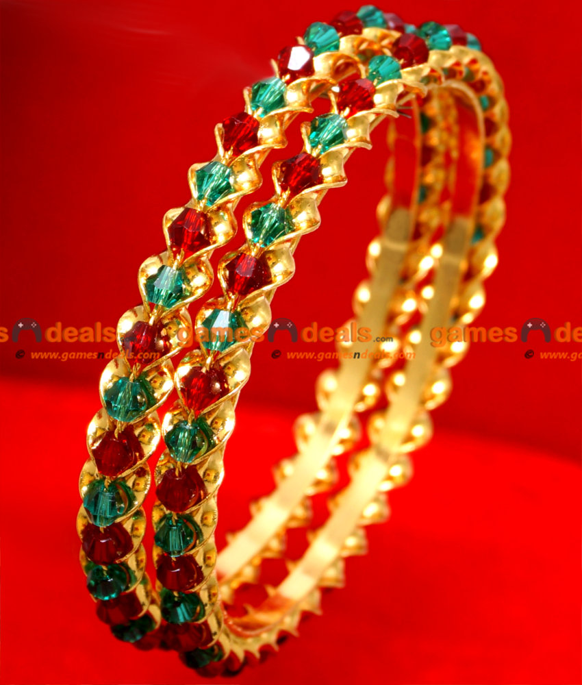 BR030-2.8 Size Traditional South Indian Gold Plated Red Green Crystal Design Bangle