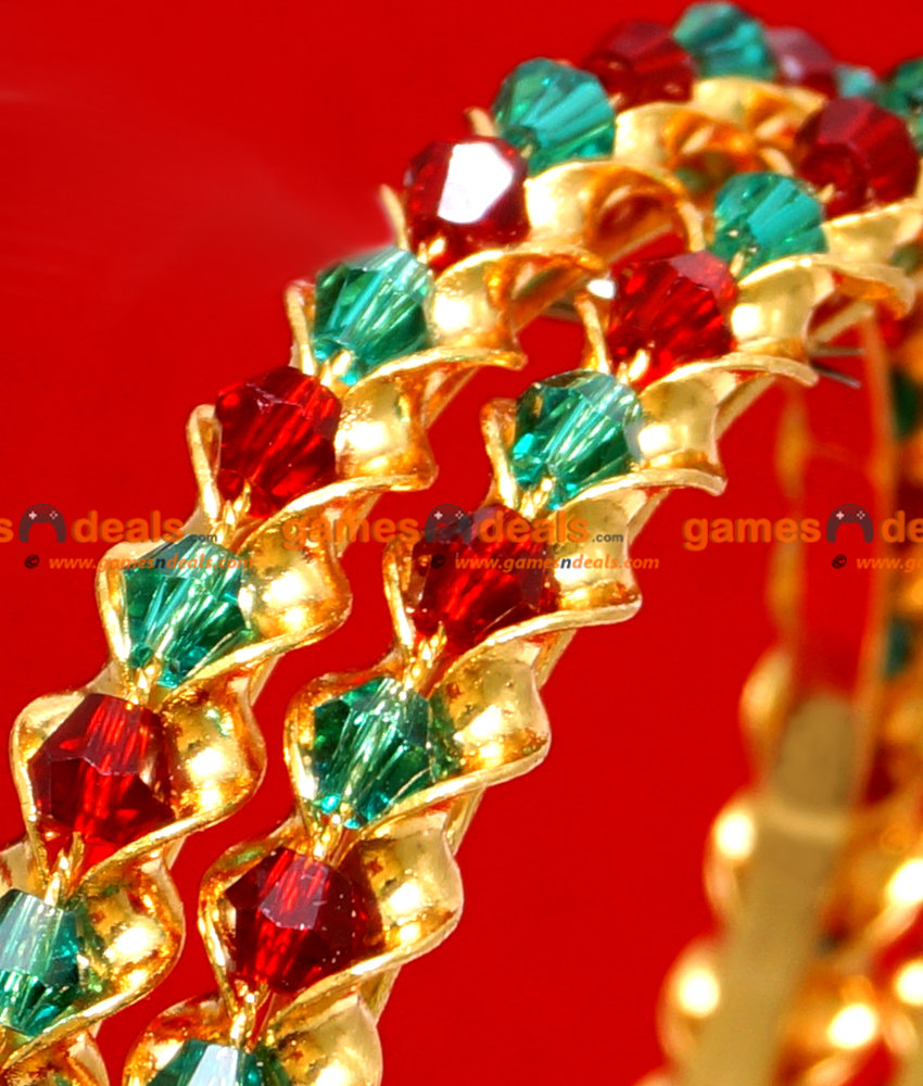 BR030-2.8 Size Traditional South Indian Gold Plated Red Green Crystal Design Bangle