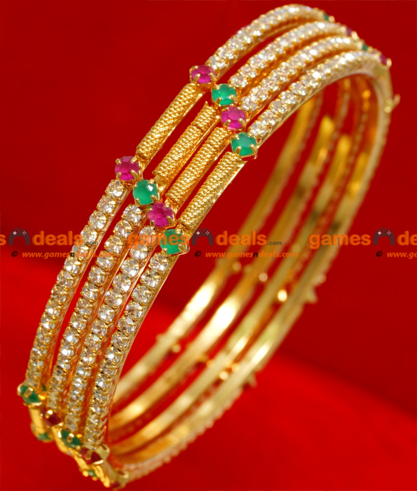 BS022-2.6 Size Gold Plated Semi Precious Ruby Emerald American Diamond Stone Thin Spring Design Bangle