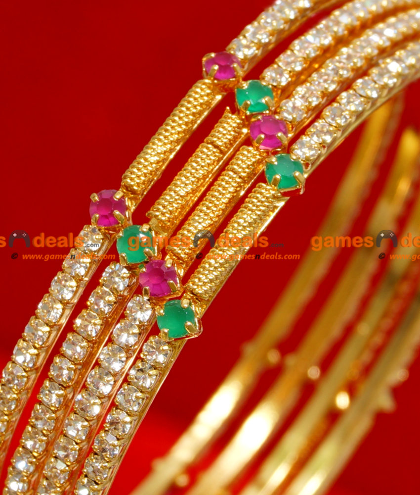 BS022-2.6 Size Gold Plated Semi Precious Ruby Emerald American Diamond Stone Thin Spring Design Bangle