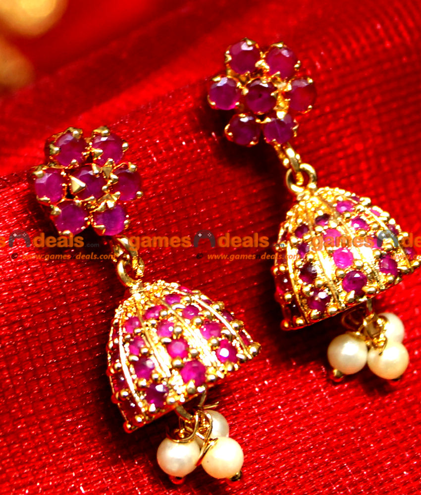 ER0074 - Gold Plated Semi Precious Ruby Jhumki with Pearl Hangings Party Wear Design