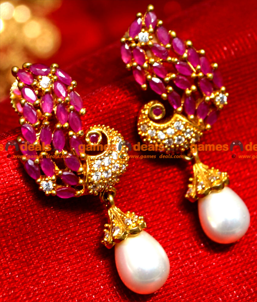 ER0079 - Gold Plated Semi Precious Ruby Ear Rings Party Wear Mayil Peacock with Pearl Design Online