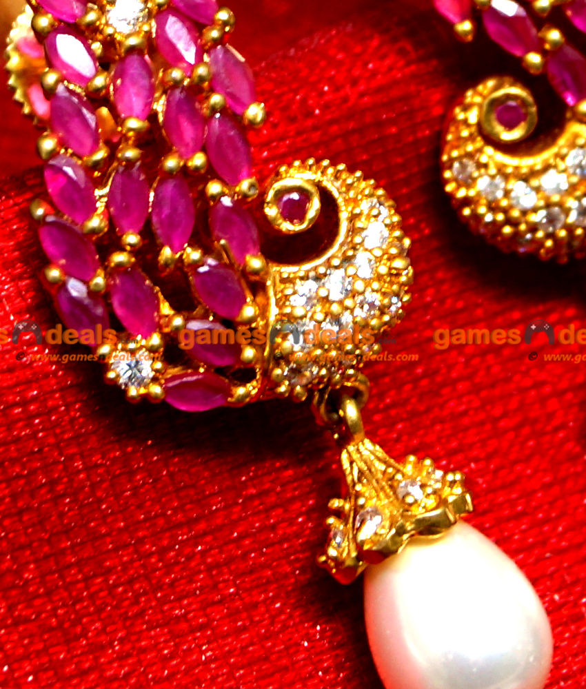ER0079 - Gold Plated Semi Precious Ruby Ear Rings Party Wear Mayil Peacock with Pearl Design Online