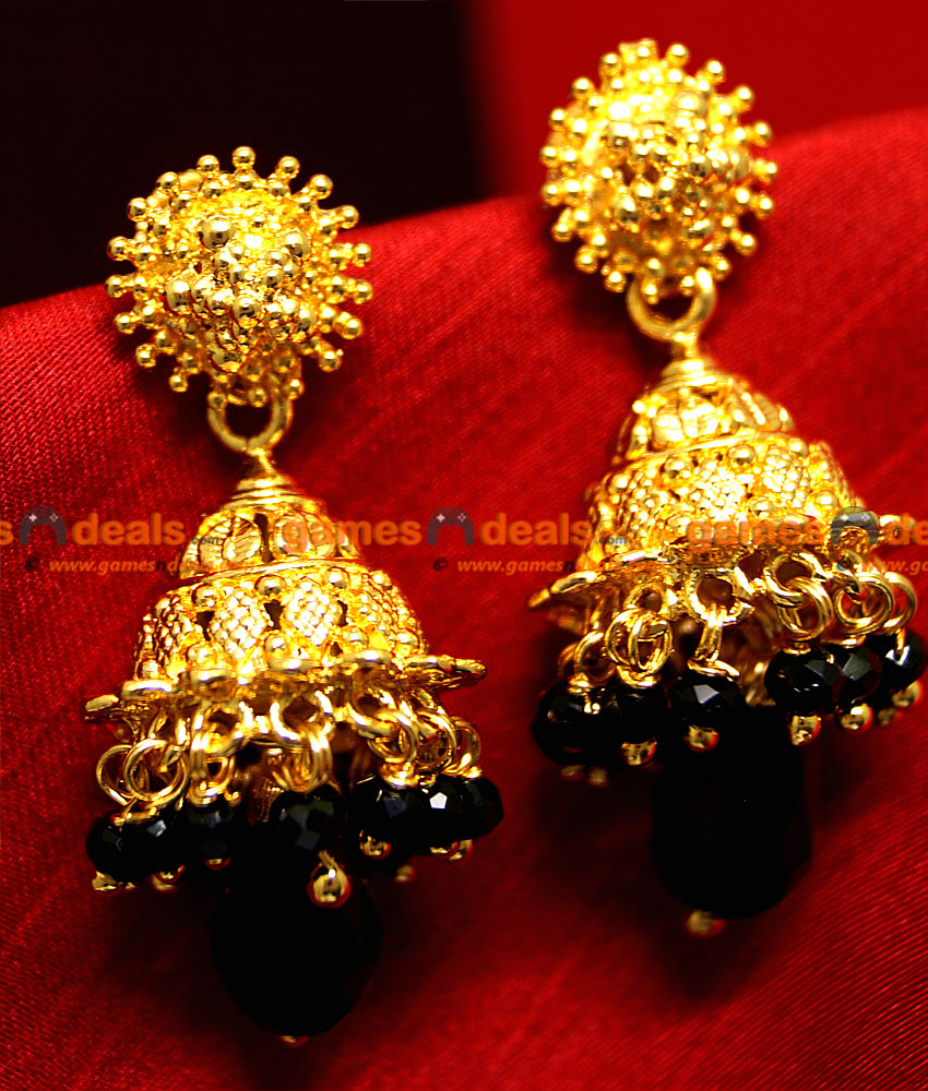 JH001 - Gold Plated Jhumka Black Crystal Hanging Type Party Wear Design