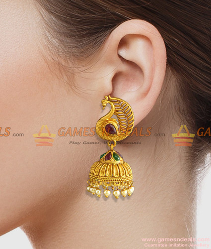 24K Gold Plated Traditional Peacock Jhumka With CZ, LCT Crystals,Kunda –  Shining Jewel