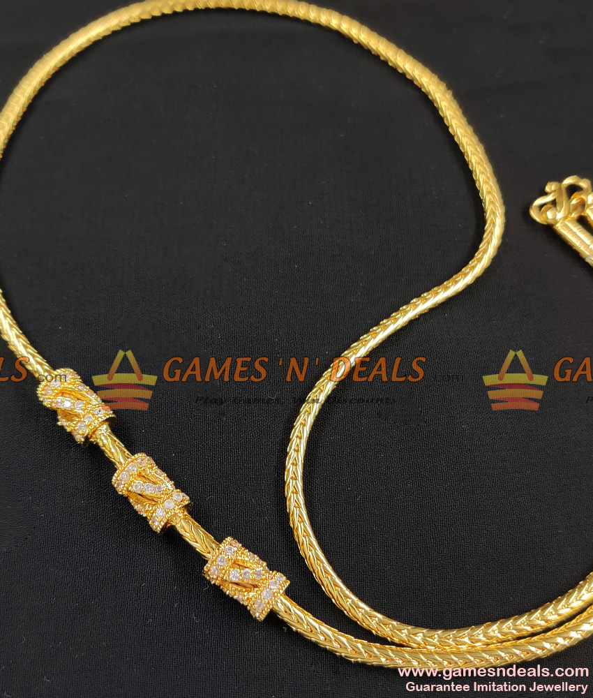 1 Gram Micro Gold Plated White Stone Mugappu Chain for Women and Girls MCH094