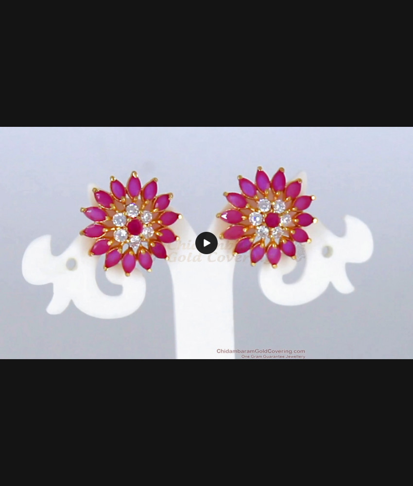 Fancy Flower Design Ruby White Stone Stud Earrings For Ladies ER2327